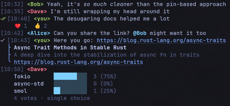 Reactions, quote reply, link preview, and poll
